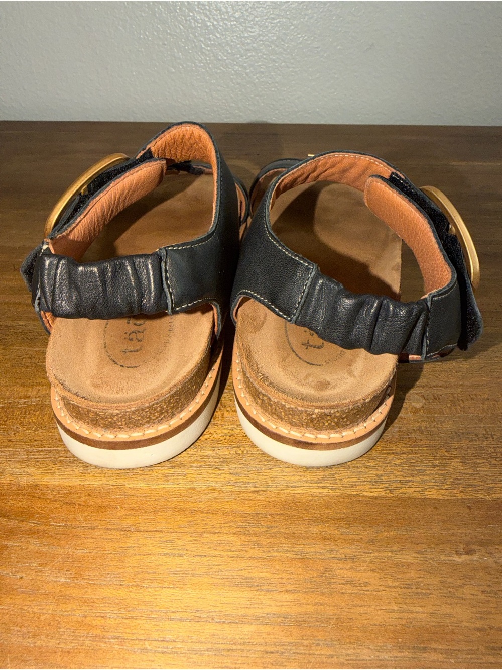 Women’s Black Leather Buckle Sandals with Tan Footbed - Picture 5 of 7